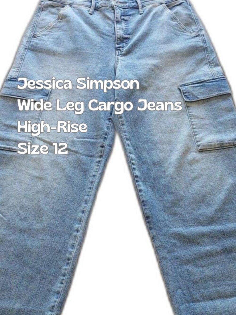 Jessica Simpson - Wide Leg Cargo Jeans - High-Rise - Light-Wash Denim - Size 12